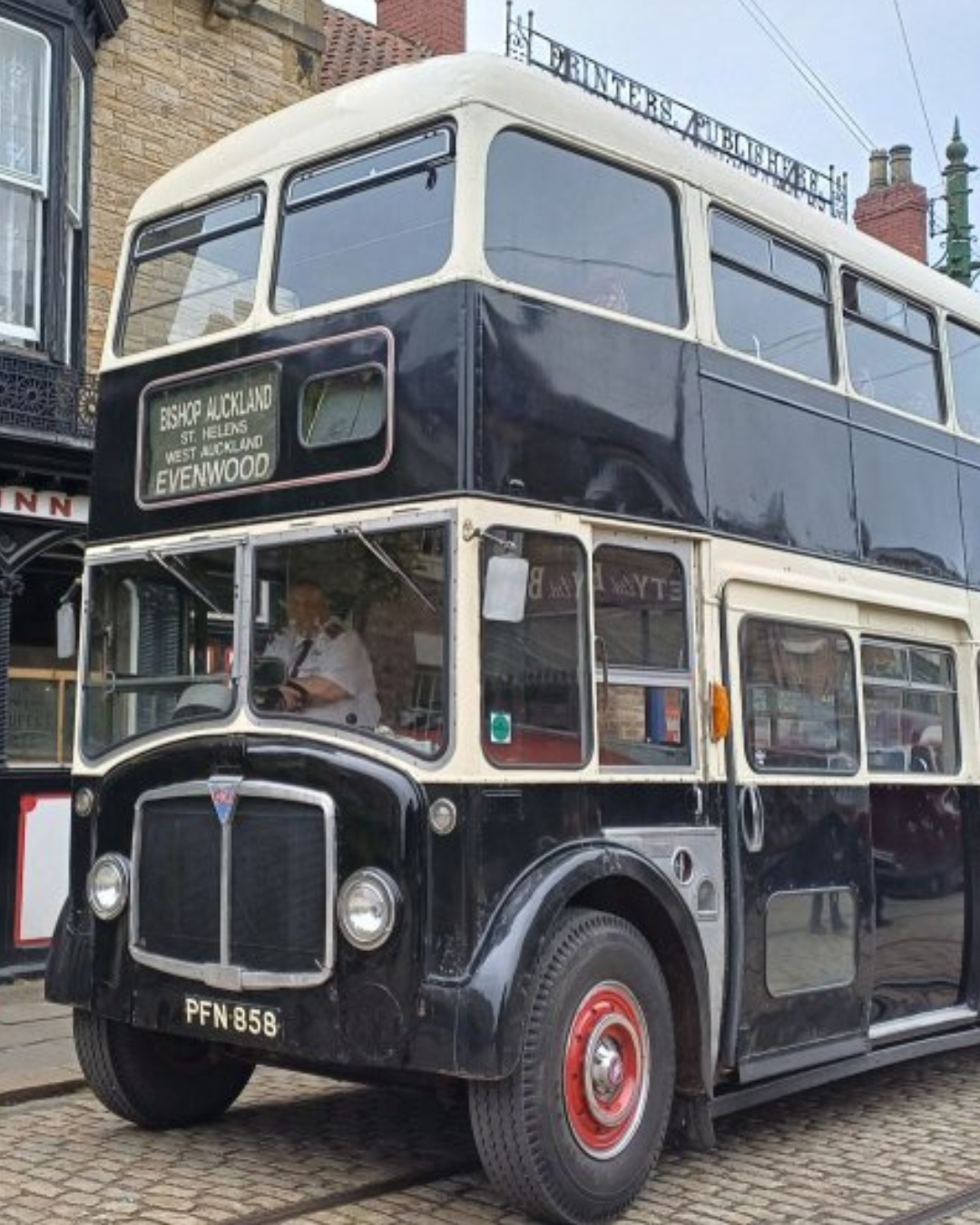 A black and white vintage bus