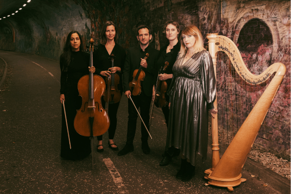 A string quartet and harp player