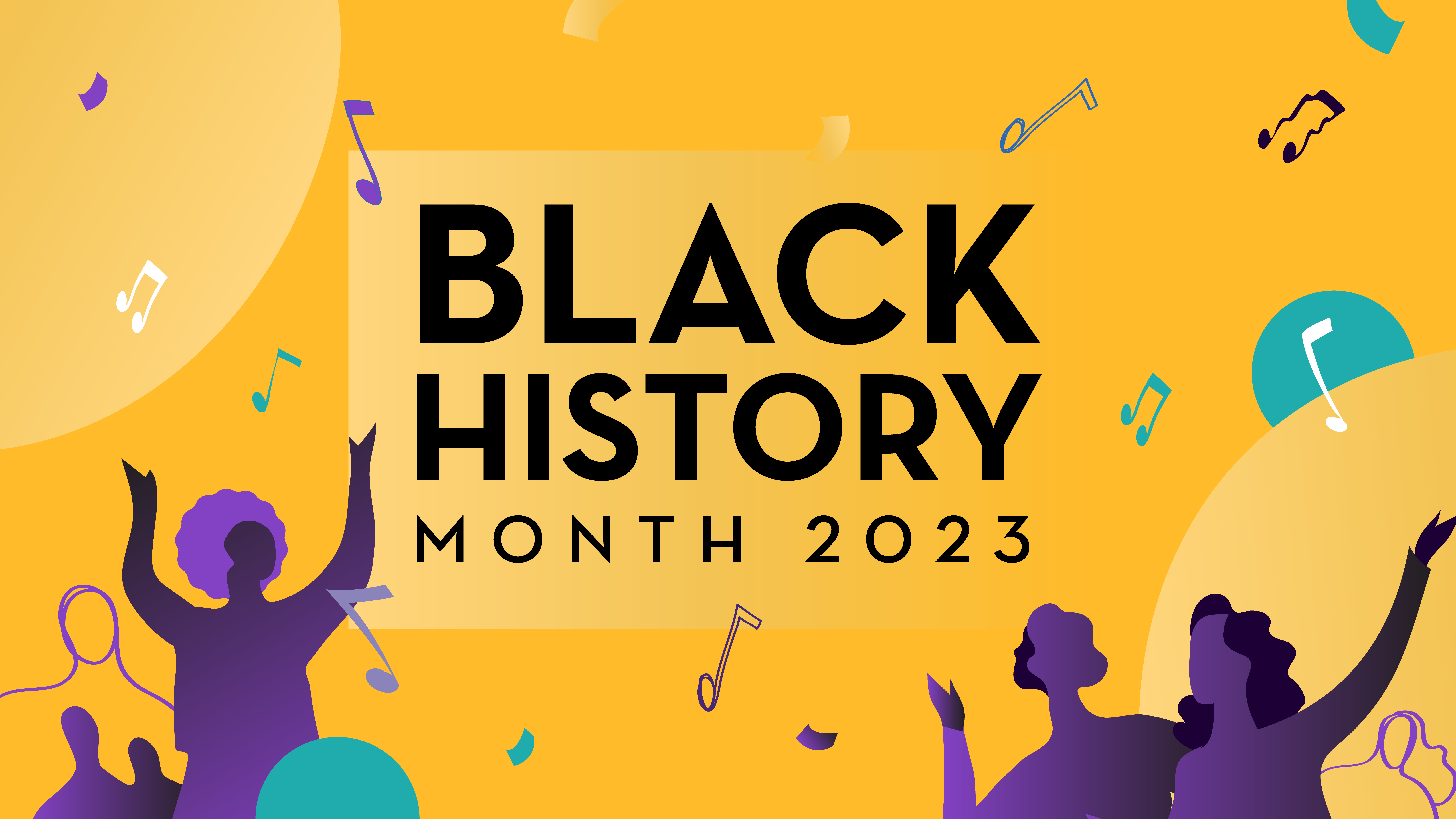 Black History Month 2023 on yellow background with purple music notes and figures