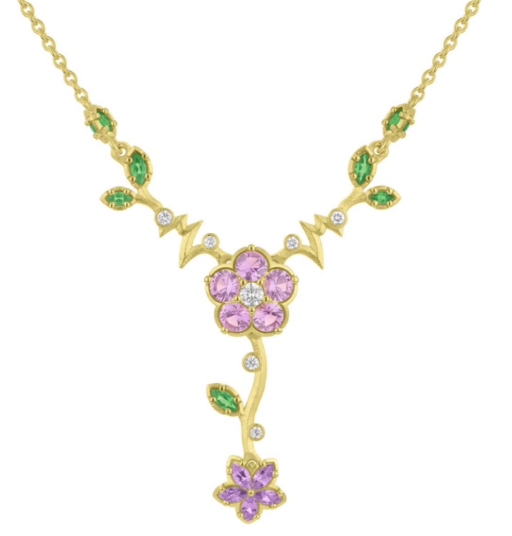 “Lariat” floral necklace by Paul Morelli generously donated to the museum by Frederic’s Fine Jewelers.