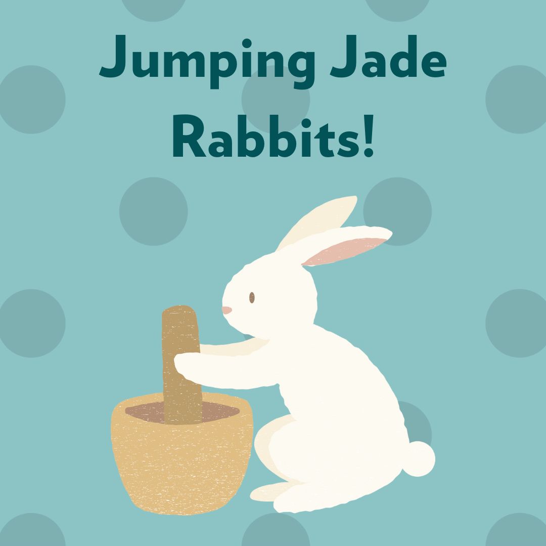 Cartoon of the Jade Rabbit using a mortar and pestle
