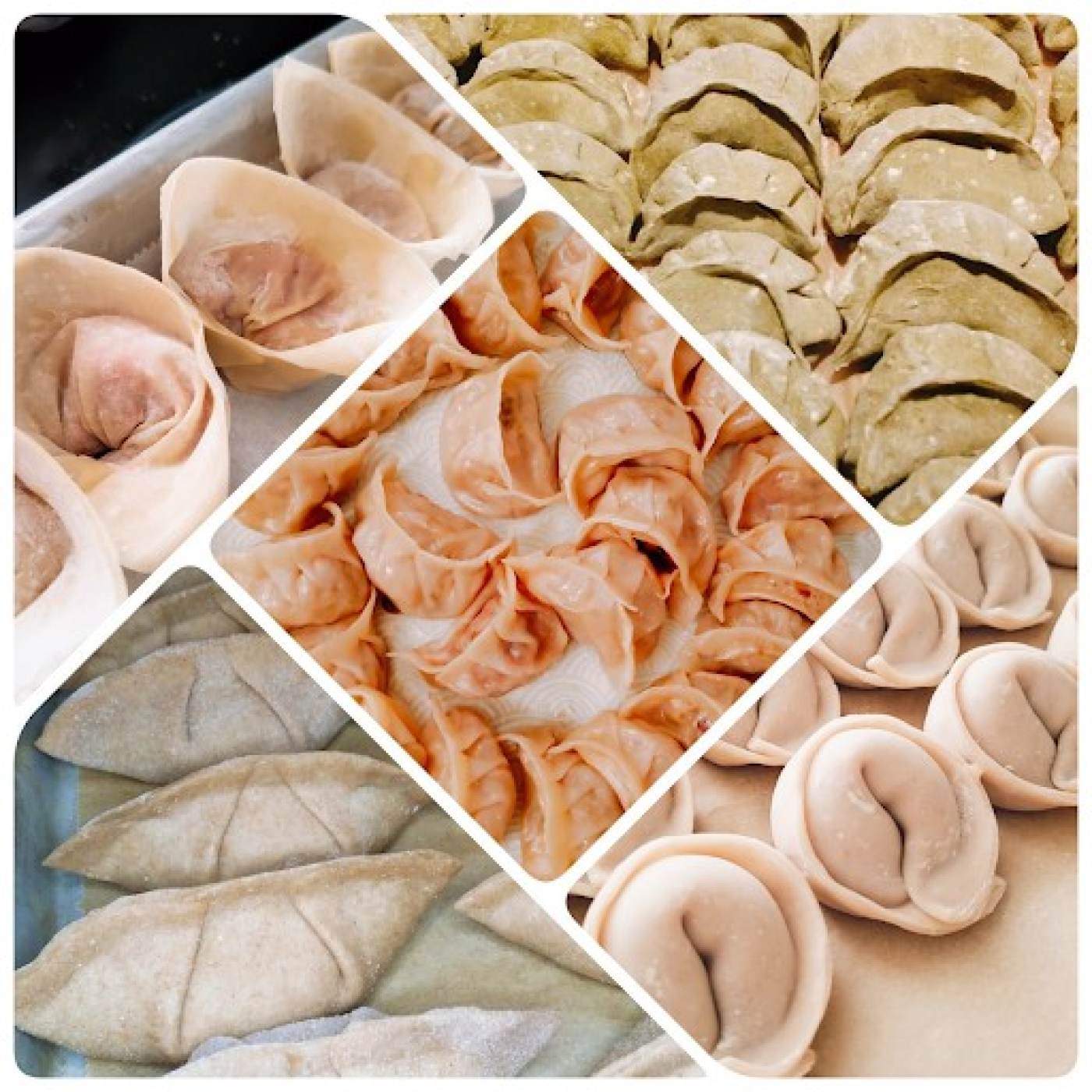 Dumplings folded in a variety of shapes.