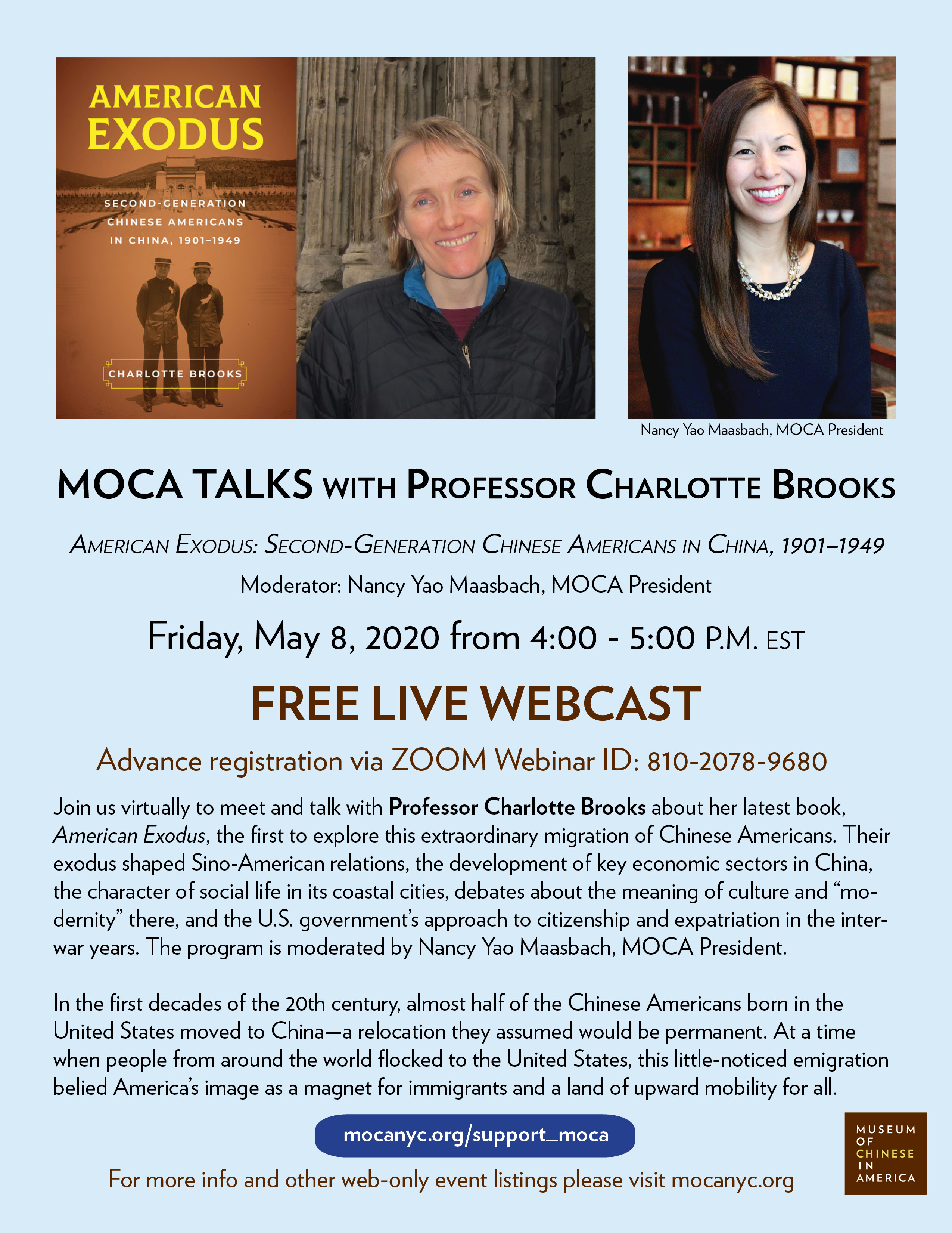 [LIVE STREAM] MOCA TALKS with Professor Charlotte Brooks American Exodus: Second-Generation Chinese Americans in China, 1901-1949