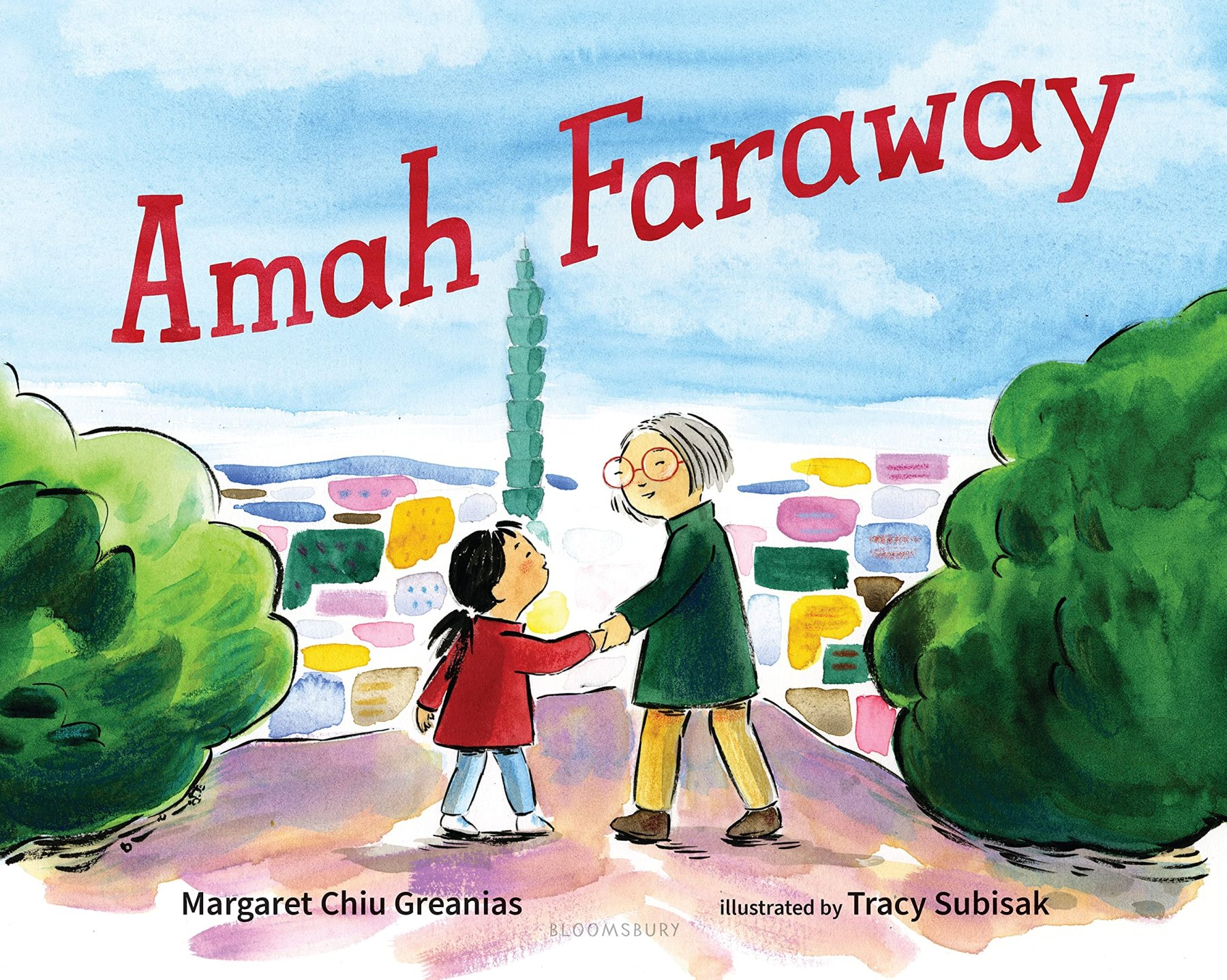 The cover of the book Amah Faraway, featuring a watercolor of the Taipei skyline