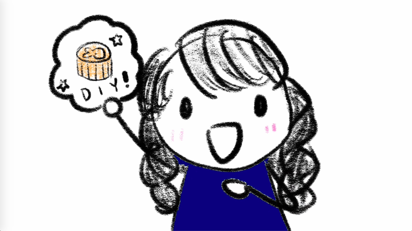 Cartoon showing an excited person and a mooncake