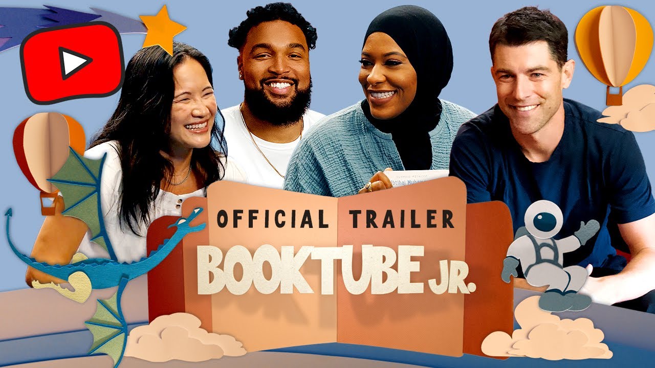 Image of 4 children's book authors of different races and ethnicities with the text "Official Trailer BOOKTUBE JR."