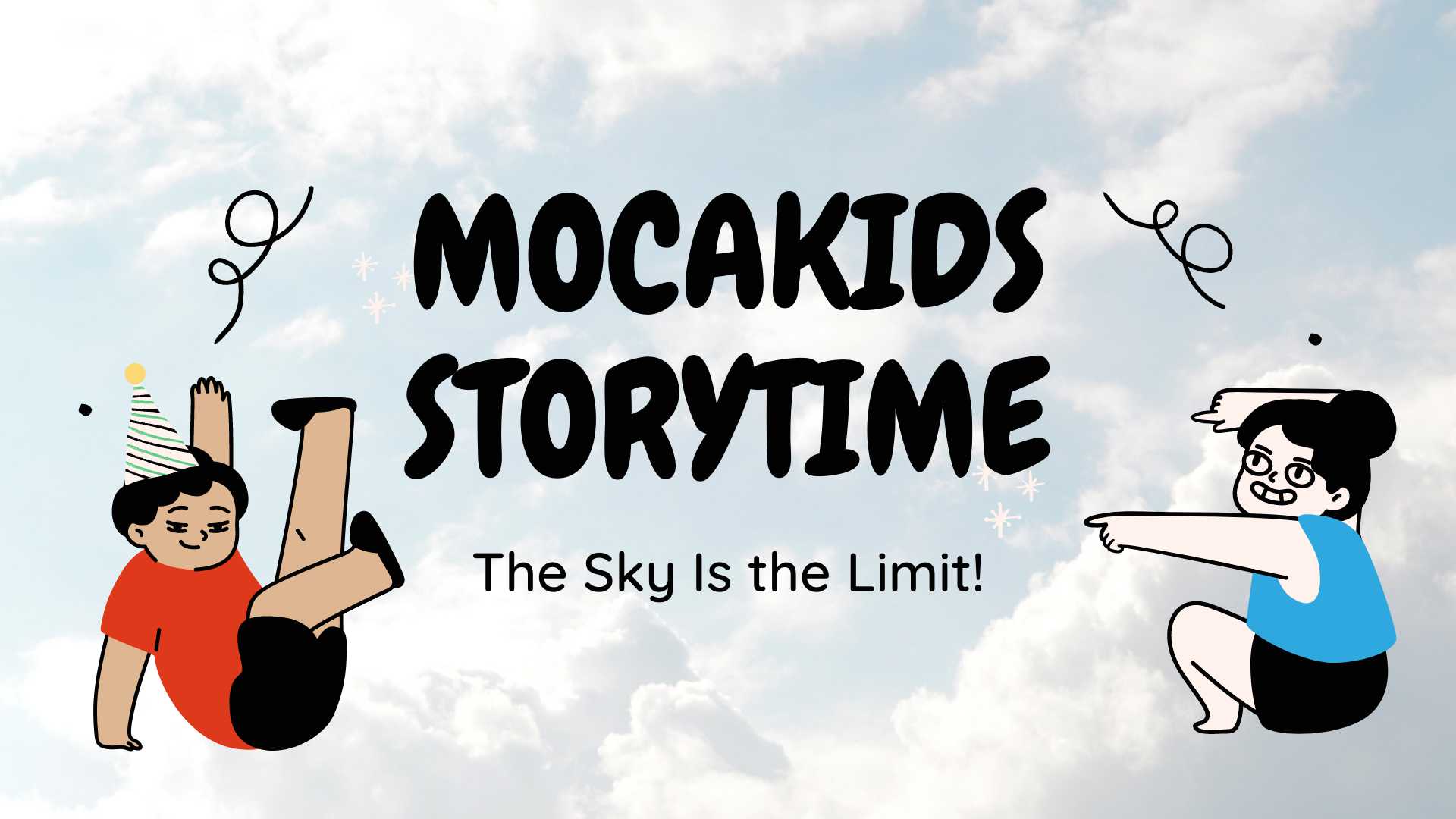 Title slide for MOCAKIDS Storytime at Home: The Sky Is the Limit featuring a boy and a girl in clouds.