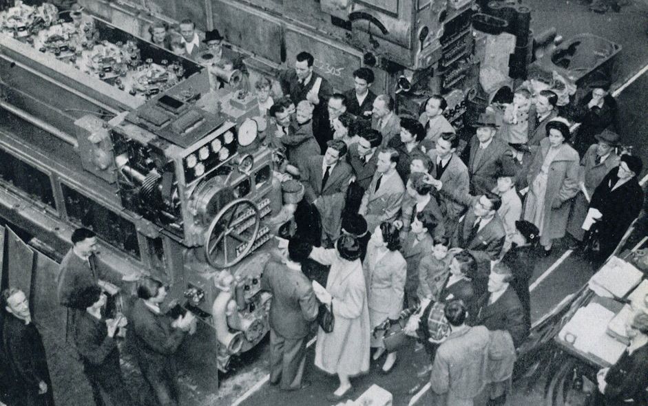 A black and white photograph of visitors to Crossley Brothers' factory in Openshaw during a Christmas open day in 1951