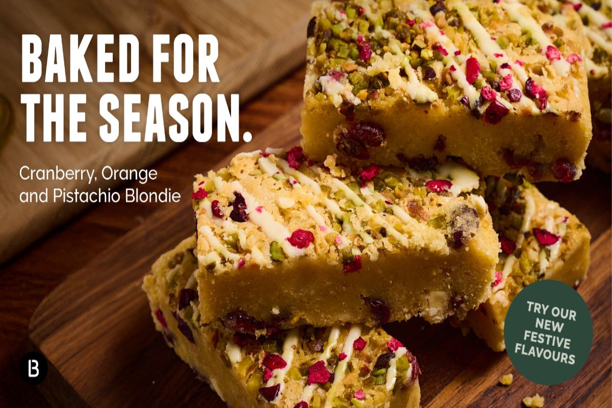 Image of a cranberry, orange and pistachio blondie