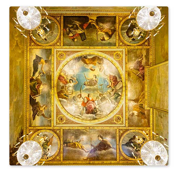 The ceiling of the Blenheim Saloon of Marlborough House, Pall Mall, London: "An Allegory of Peace and the Arts Under the English Crown", painted in 1638 by Artemisia and Orazio Gentileschi in 1638, today part of The Royal Collection