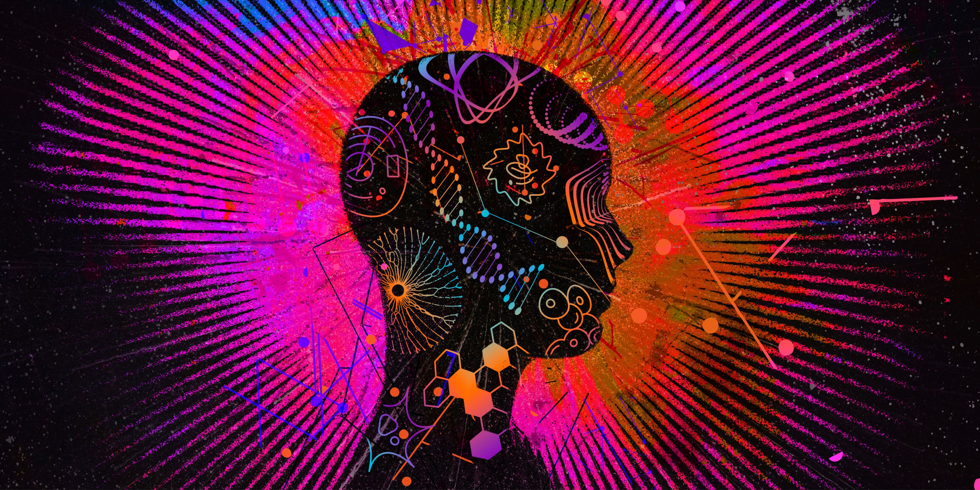 Graphic of a head with colorful diagrams.