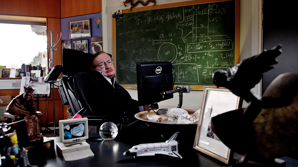 Professor Stephen Hawking in his office at the University of Cambridge