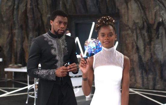 A still of T'challa and Suri, played by Chadwick Boseman and Letitia Wright respectively, in Black Panther