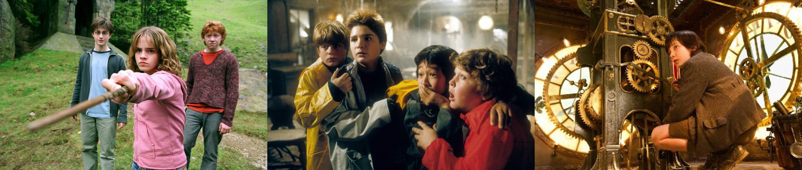 Stills from Harry Potter, The Goonies and Hugo.