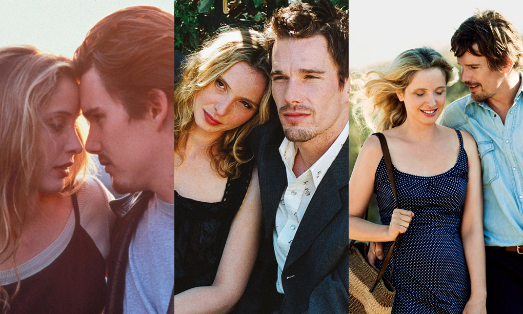 Three stills from Before Sunrise, Before Sunset and Before Midnight