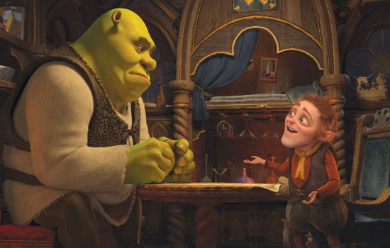 A still from Shrek Forever After showing Shrek speaking to Rumpelstiltskin