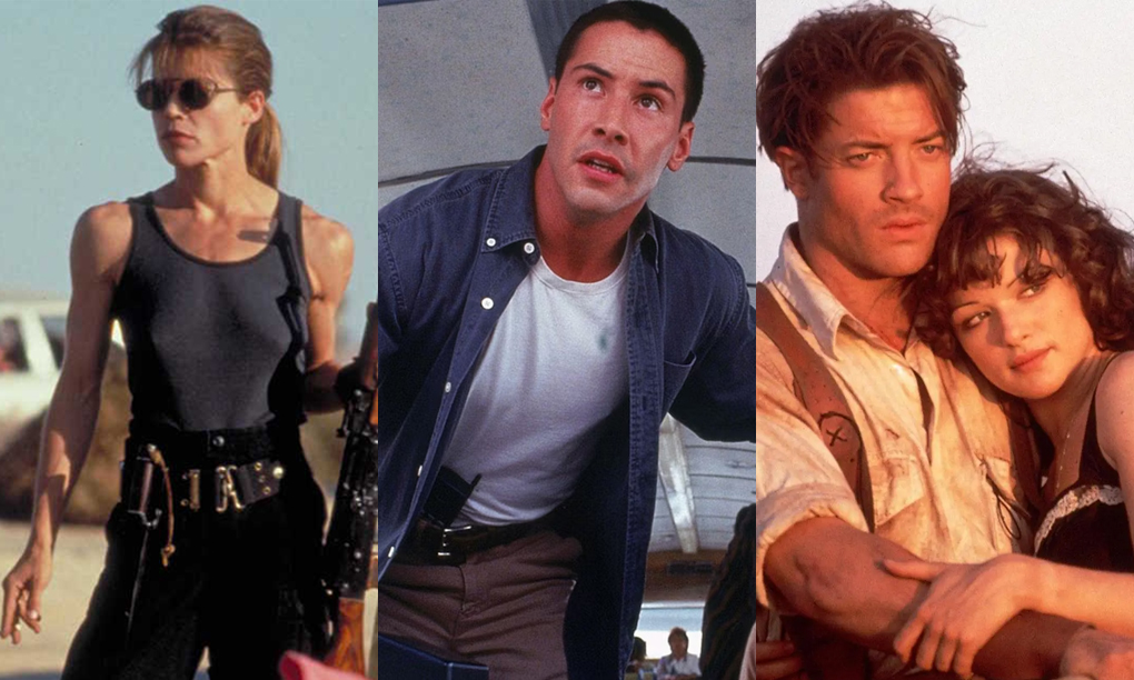 Three stills from films in the 90s blockbuster season. L-R Linda Hamilton in Terminator 2; Keanu Reeves in Speed; Brendan Fraser and Rachel Weisz in The Mummy