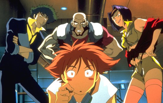An anime character looks directly to camera, while three anime characters standing behind him look down on him angrily.