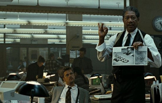 A still from the film Seven starring Brad Pitt and Morgan Freeman