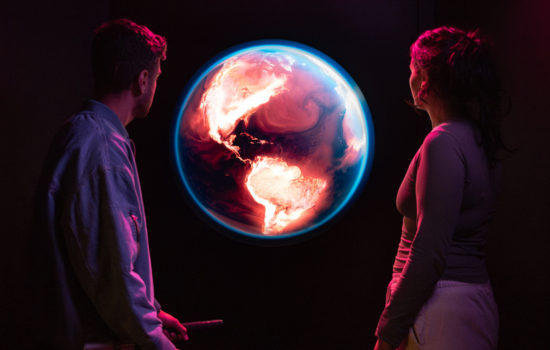 A digital render of a rhino in different hues of blue and green