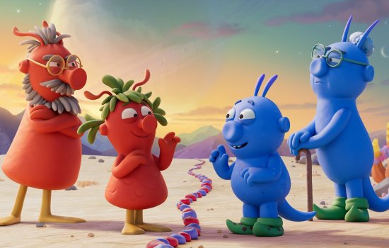 Orange and blue animated creatures smile and wave to each other.