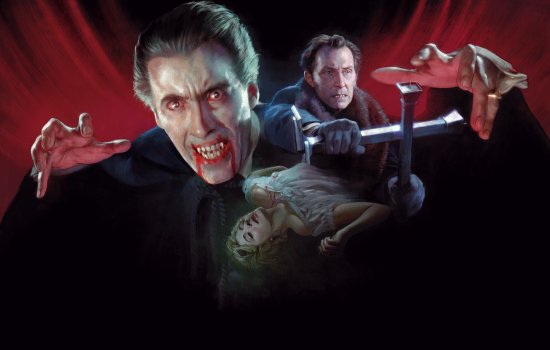 A collage of Christopher Lee as Dracula, Peter Cushing holding candlesticks in the shape of a cross and a woman lying down.