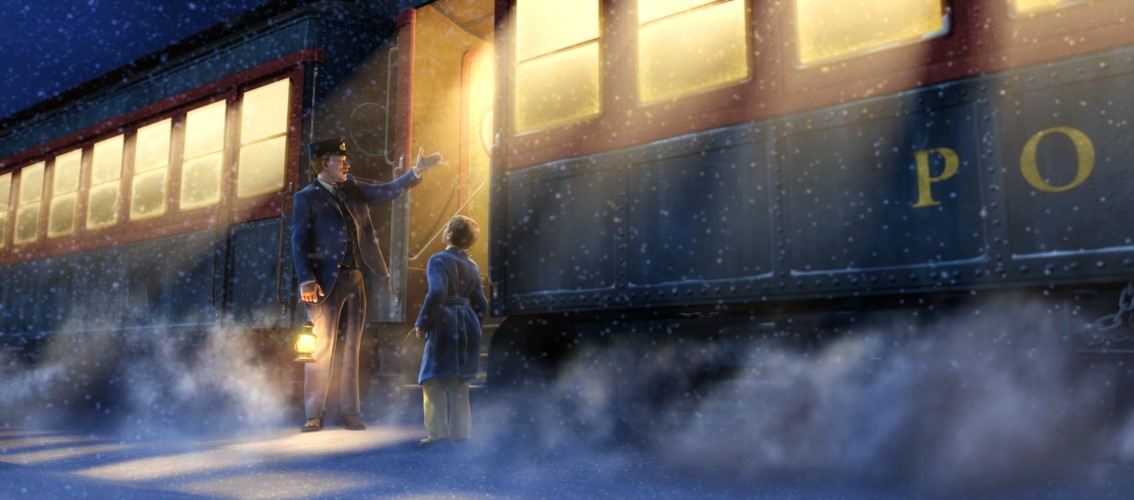 Still from The Polar Express showing a young boy in a dressing gown standing outside a train in the snow, the train's conductor is pointing towards an open door with light spilling out