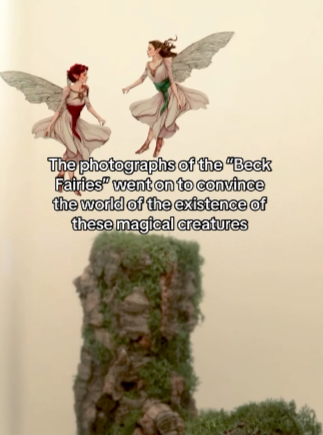 Screenshot of an Instagram Reel about the Cottingley Fairies, showing two fairies flying above text that reads 'the photographs of the Beck Fairies went on to convince the world of the existence of these magical creatures'