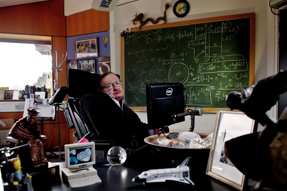 Professor Stephen Hawking in his office at the University of Cambrige