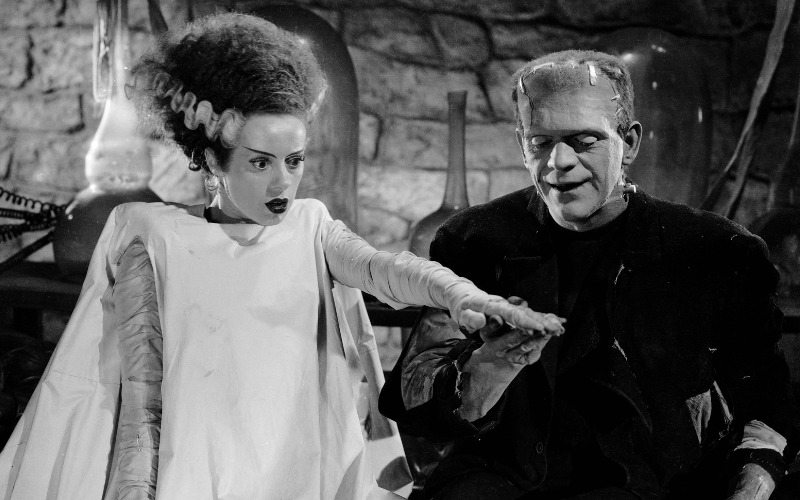 A still from Bride of Frankenstein featuring the Bride holding the hand of Frankenstein's Monster