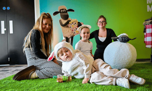 A family dressed up in Shaun the Sheep fancy dress