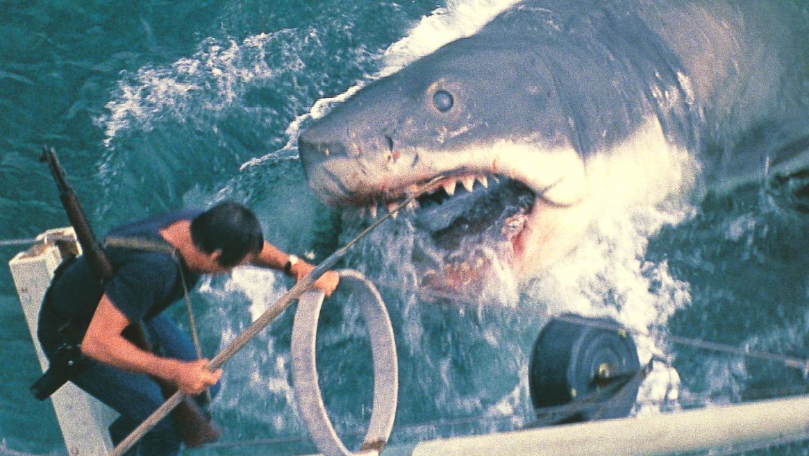 Film still from Jaws showing Chief Martin Brody (Roy Scheider) on the sinking Orca boat, fending off a massive great white shark. Brody is leaning over the wooden transom on the left, gripping a long wooden pole or harpoon with both hands. A rifle is slung across his back. The colossal shark surfaces directly behind the boat with its jaws wide open, exposing rows of sharp teeth as water churns violently around it.