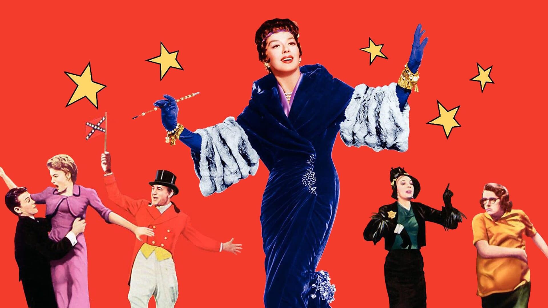 A woman in a blue velvet dress with white fur trim poses confidently against a bright red background. Stars surround her, and lively, theatrical figures are seen alongside.