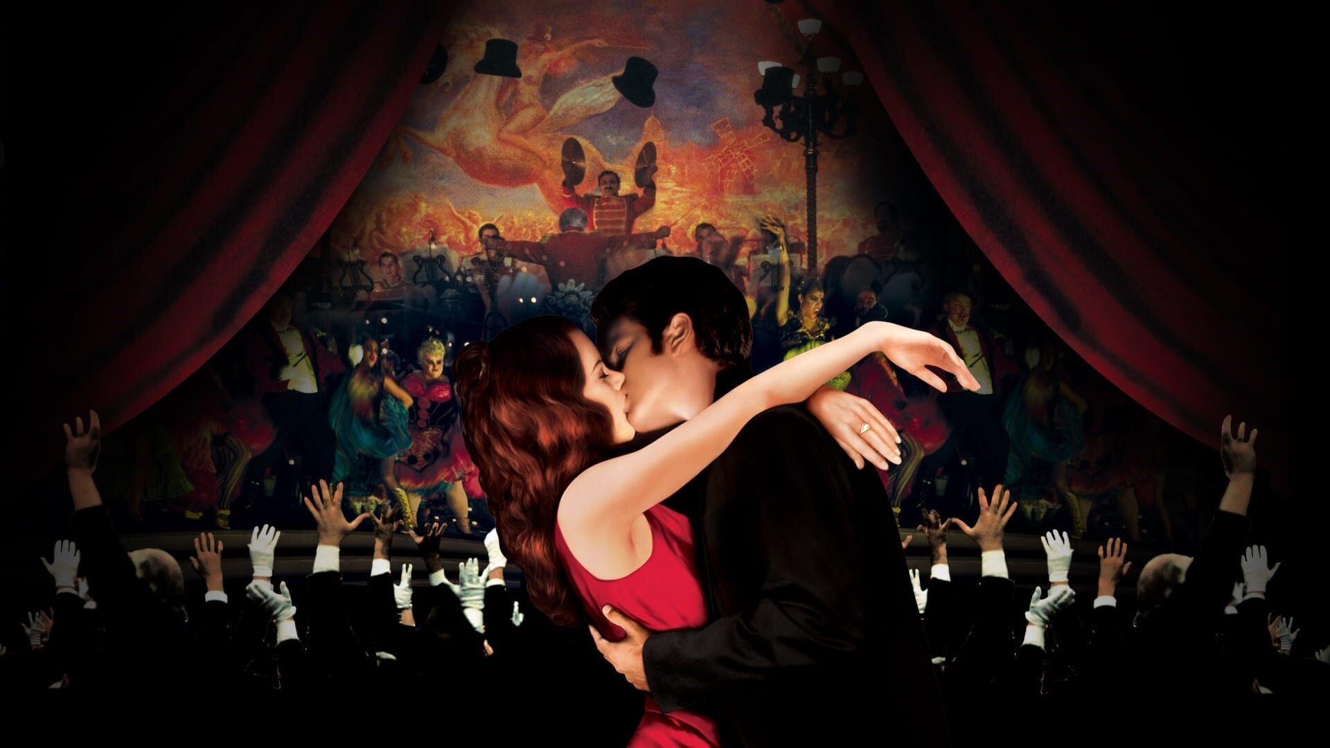 A couple shares a passionate kiss on stage amidst a lively, colorful theatrical backdrop. Enthusiastic audience members with raised hands add excitement.