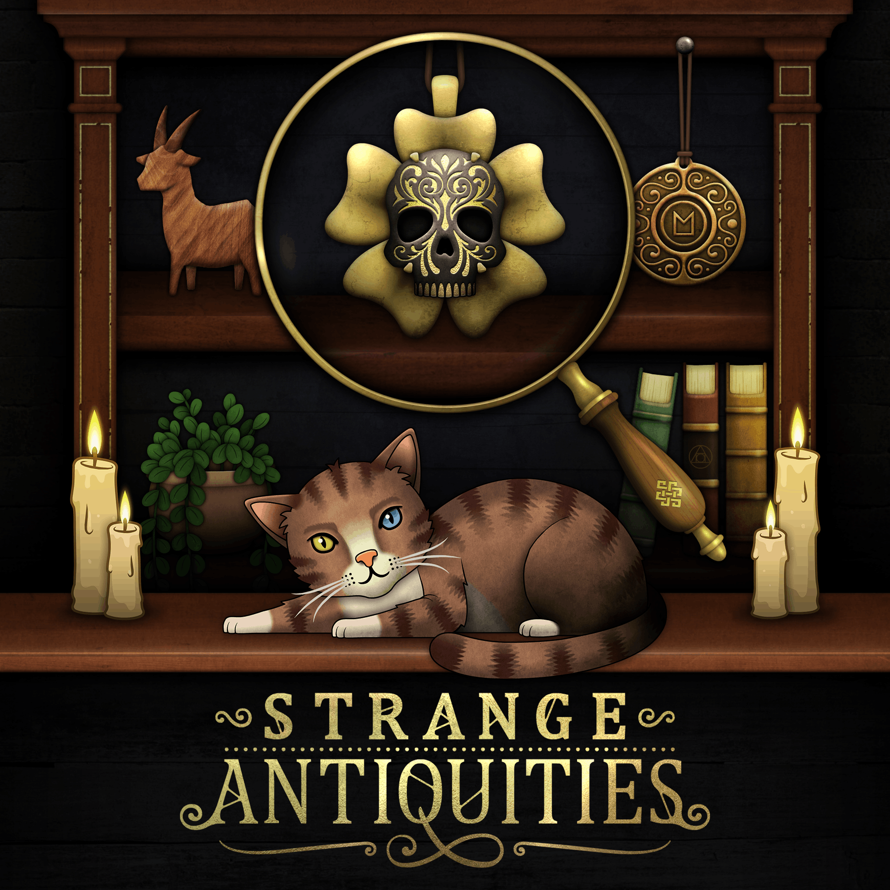 Illustrated logo showing a cozy shelf with candles, books, curios, and a brown cat with one blue eye and one yellow eye, beneath the gold text “Strange Antiquities.”