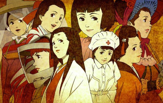 A still from Millenium Actress featuring a woman in various different costumes,