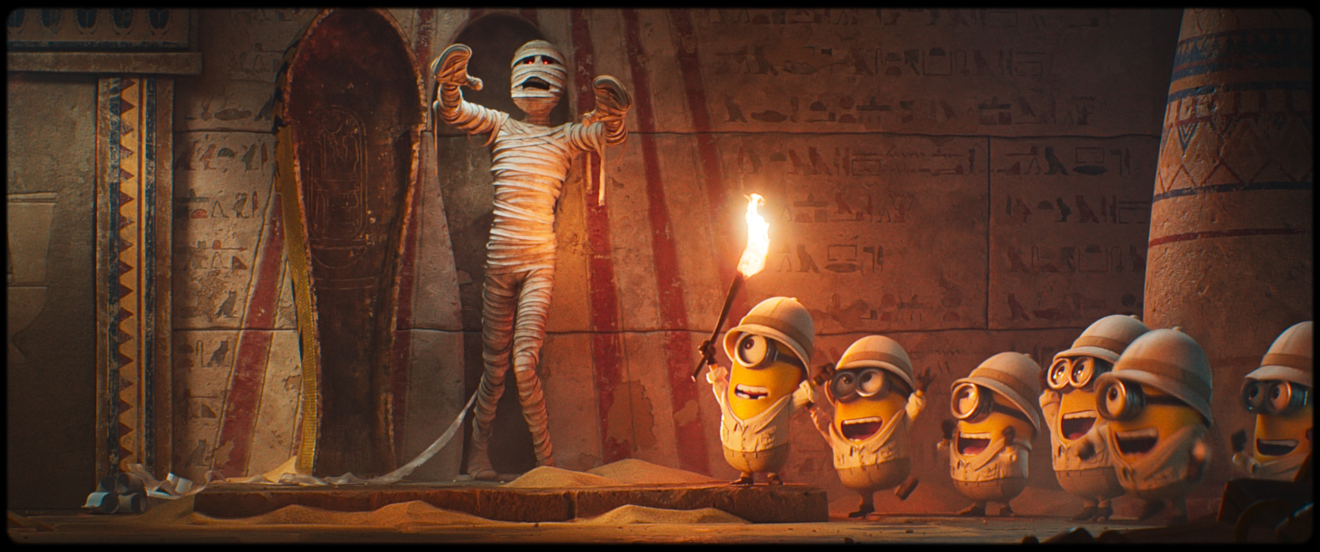 A still from Minions and Monsters; a group of six minions explore a Mummy's tomb in Ancient Egypt