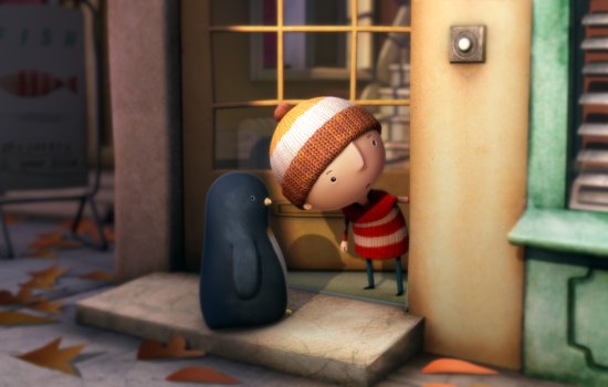 Promotional image for Lost and Found; A penguin is on a doorstep and a young boy wearing a striped hat and jumper is looking out of the door to the distance.