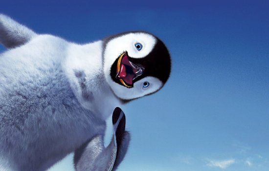 An animated penguin smiles at the camera in front of a bright blue sky.