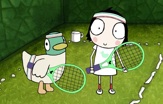Sarah and Duck are ready for a game of tennis.