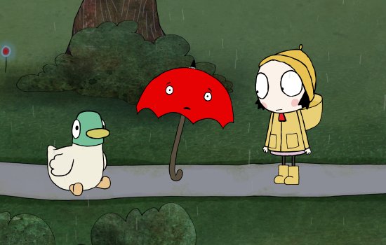 Sarah and Duck stand either side of an umbrella