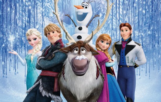 A promotional image from Frozen featuring the cast of characters against an icy backdrop.