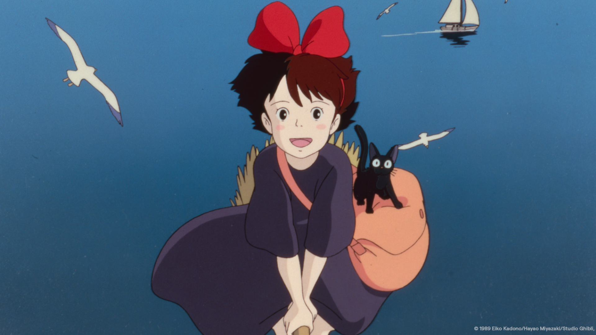 An animated image for Kiki's Delivery Service featuring a young girl flying over water.