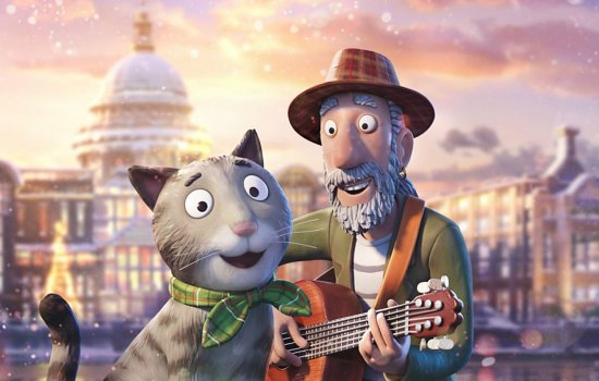 An animated image of a busker and a cat.