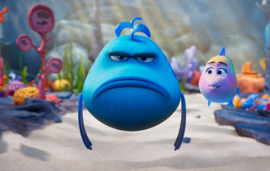 A grumpy looking fish floats in the centre of the image.