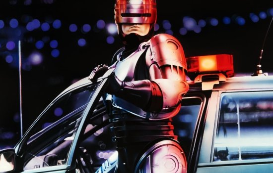 An illustrated image of Robocop getting out of a car