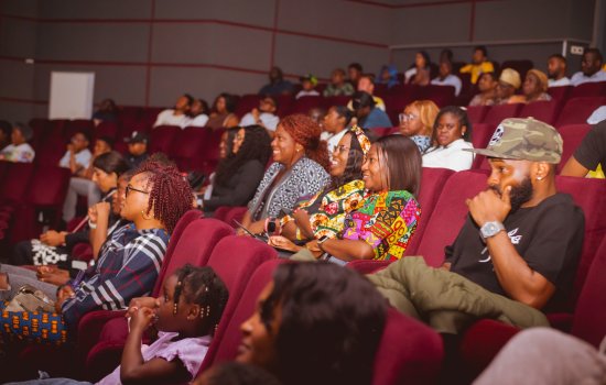 An image of Pictureville auditorium, full of people watching the screen.
