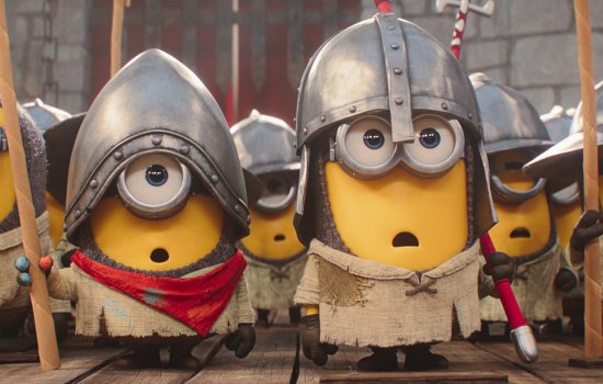 A still from Minions & Monsters featuring a group of Minions dressed as medieval soldiers.