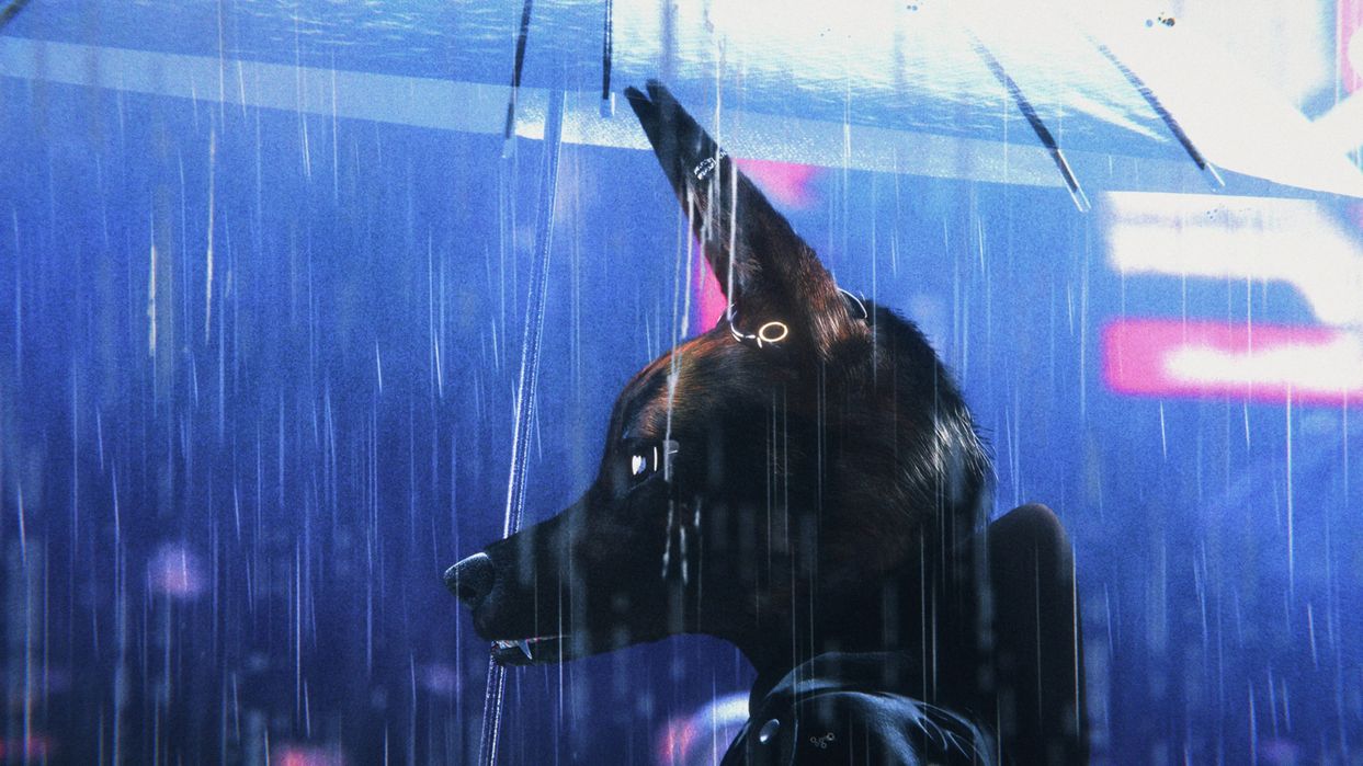 A figure in a dog mask walks under an umbrella in the rain.