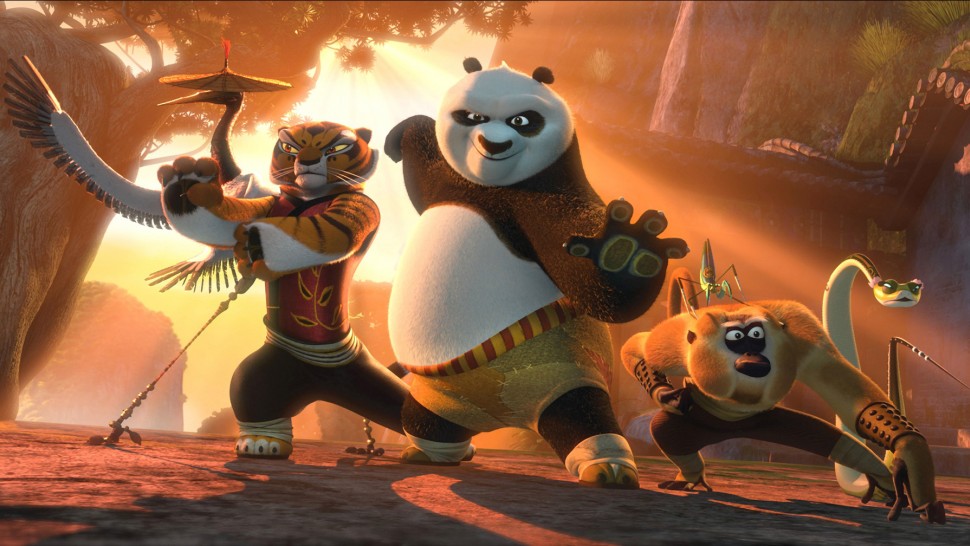The characters from Kung Fu Panda line up with various martial arts poses.